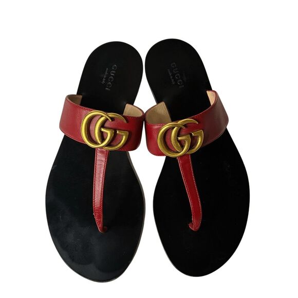 Gucci Marmont GG Logo T-Strap Thong Sandals Red Leather Flats EU 37 US 7 - Picture 4 of 11